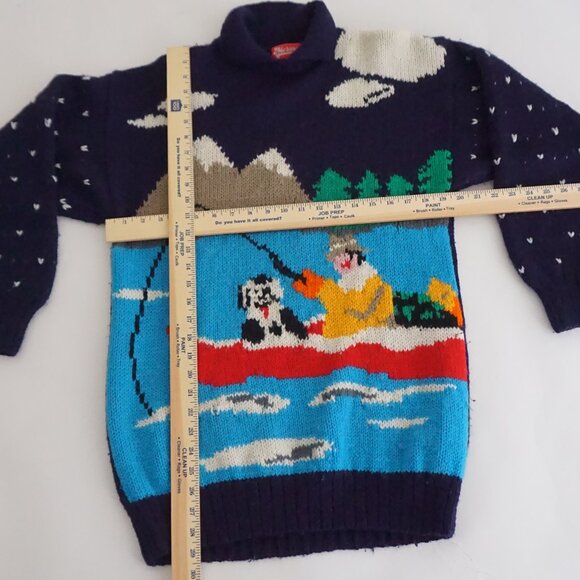 Vintage Merona Navy Wool Canoe Fishing Graphic Sweater Cabincore Eclectic Small - Picture 3 of 11